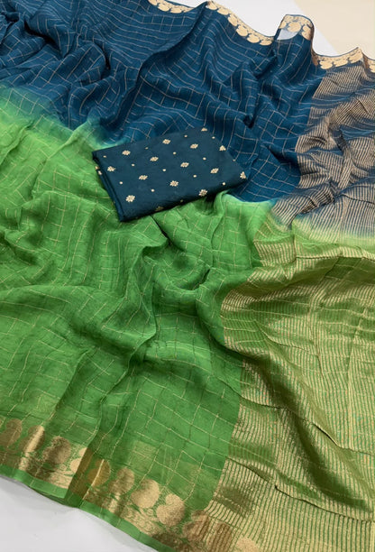 Viscose Georgette Zari Checked Saree with Viscose Zari Weaving Border