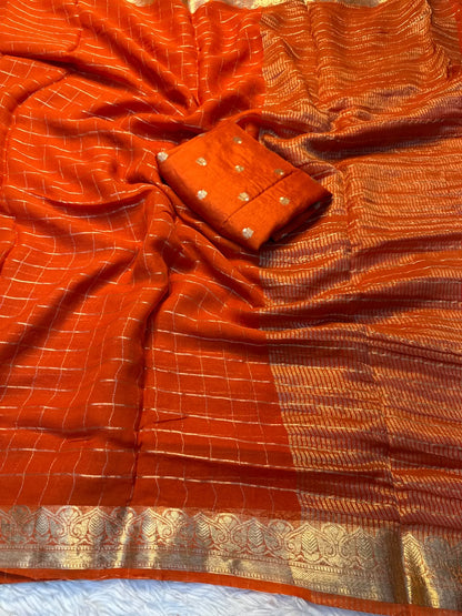 Georgette Viscose Zari Checked Saree with Zari Borders & Chit Pallu