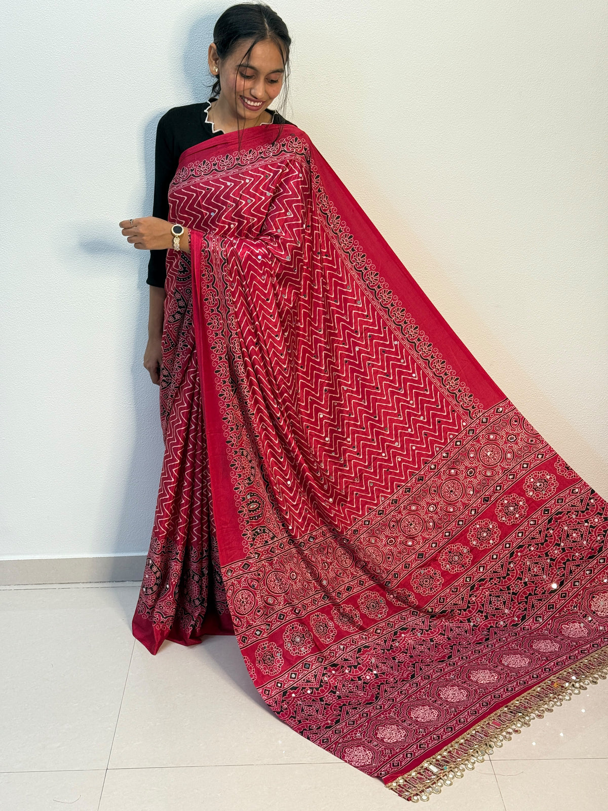 Ajrakh Crepe Silk Mirror Work Lehriya Saree