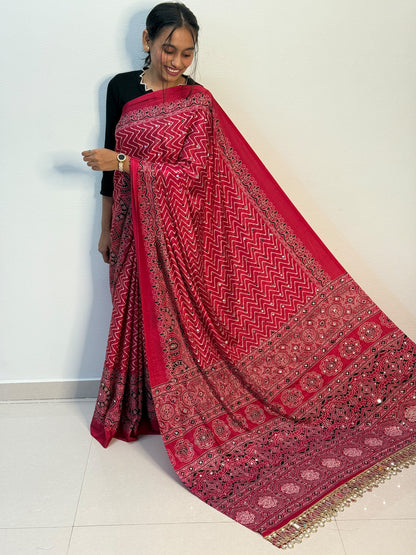 Ajrakh Crepe Silk Mirror Work Lehriya Saree