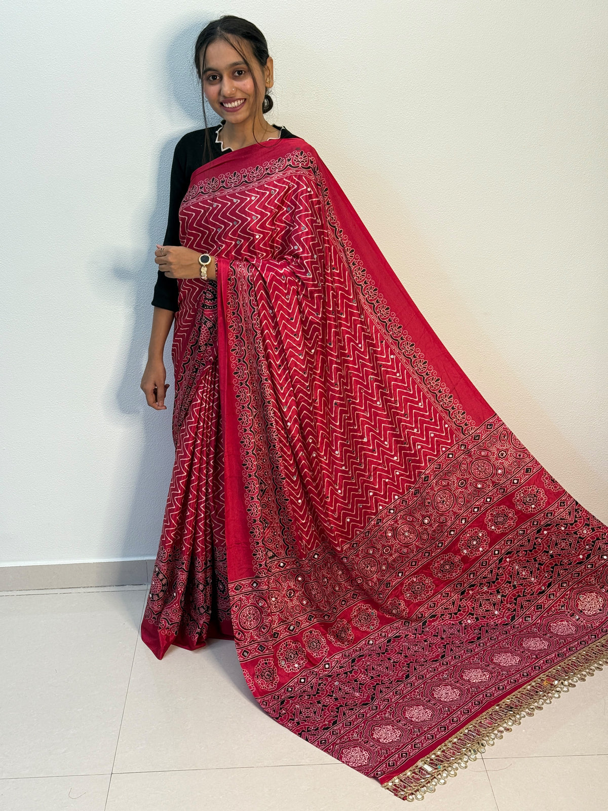 Ajrakh Crepe Silk Mirror Work Lehriya Saree