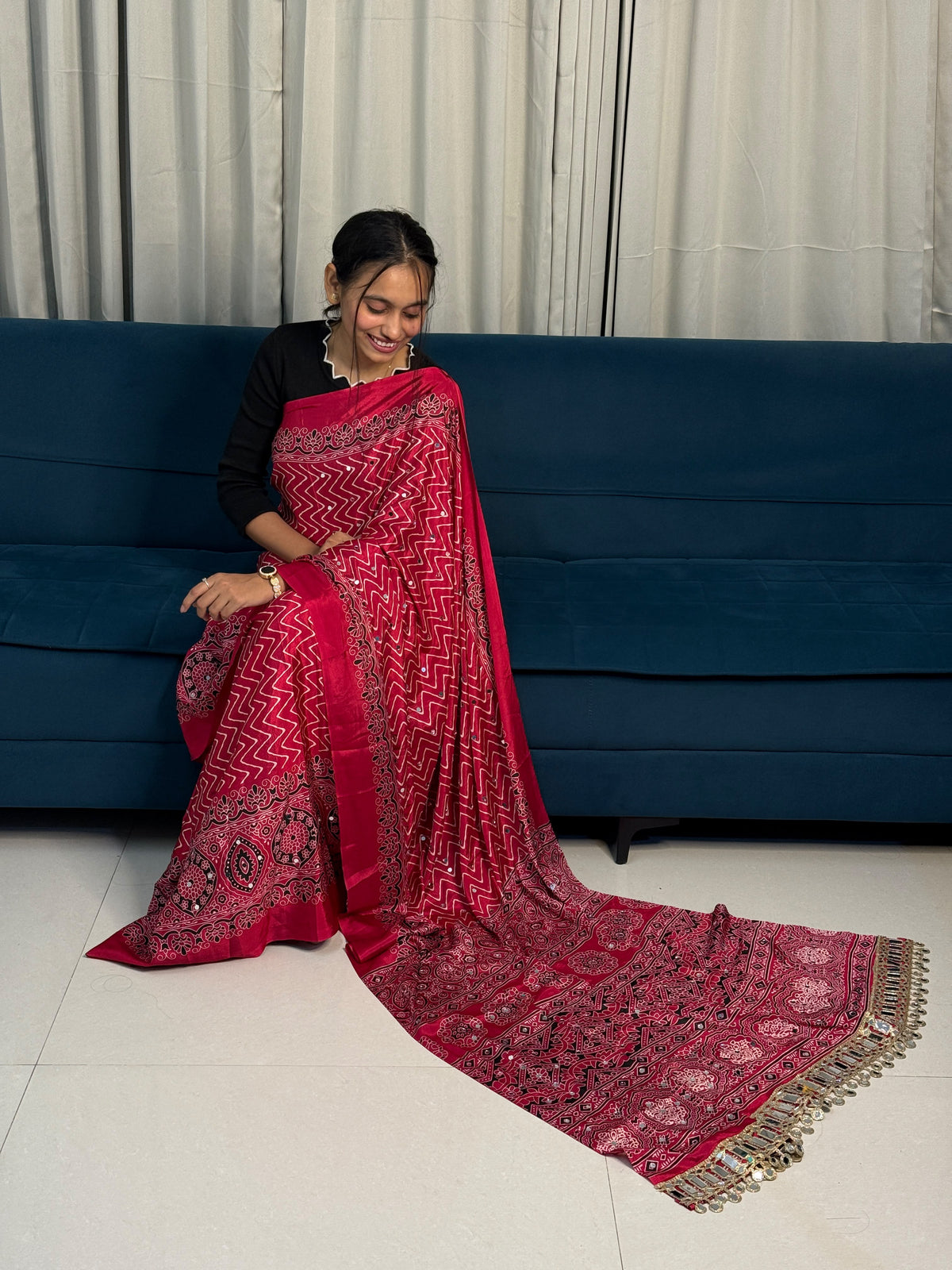 Ajrakh Crepe Silk Mirror Work Lehriya Saree