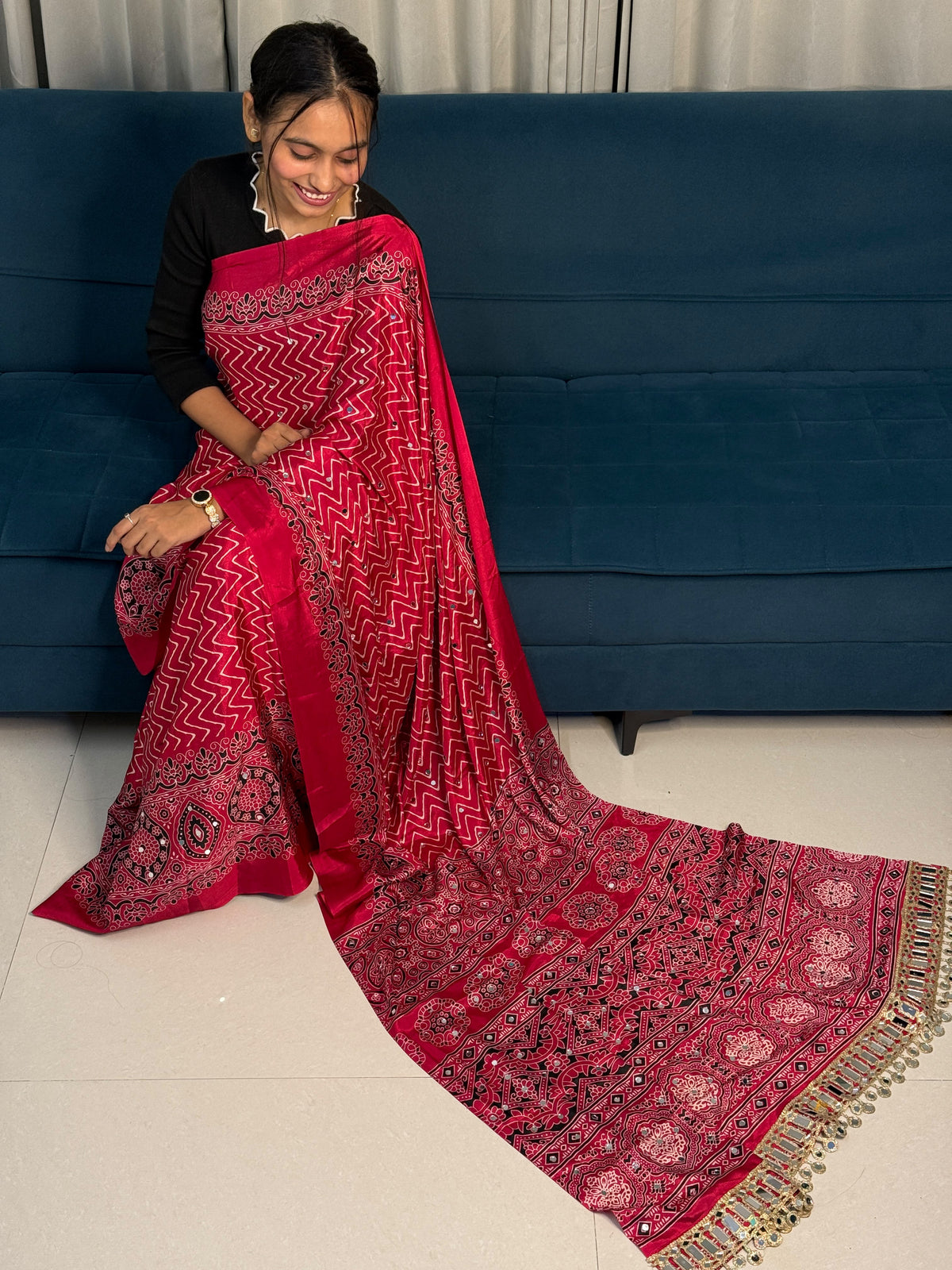 Ajrakh Crepe Silk Mirror Work Lehriya Saree