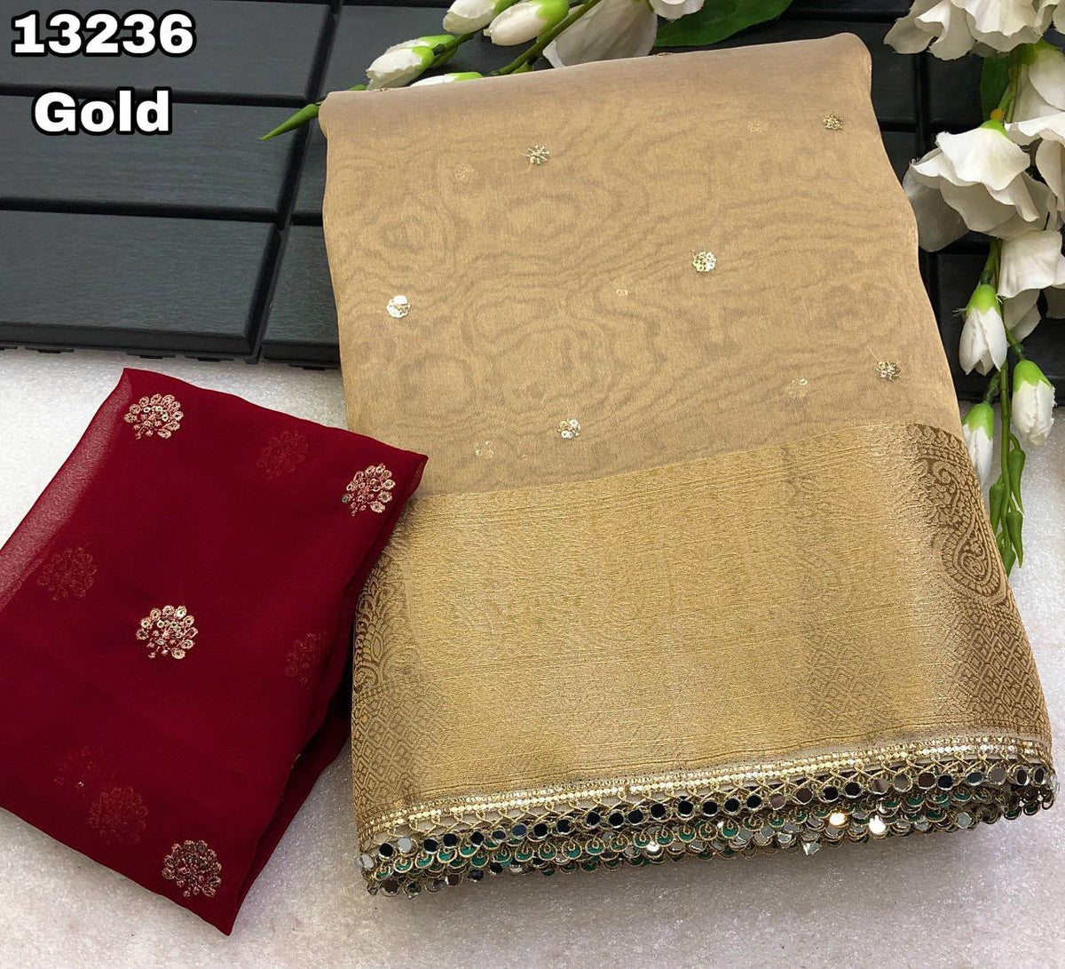 Tissue Silk Saree with Sequin Butta Work & Contrast Designer Blouse