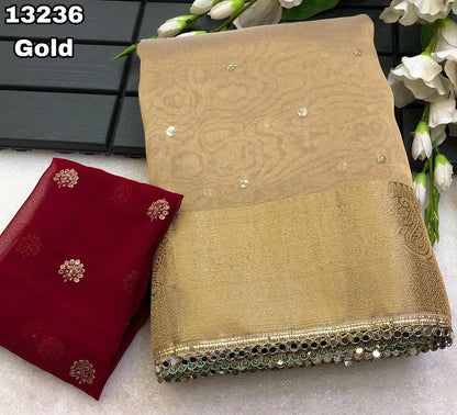 Tissue Silk Saree with Sequin Butta Work & Contrast Designer Blouse
