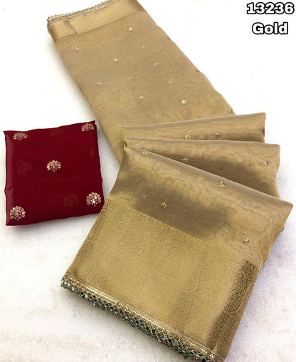 Tissue Silk Saree with Sequin Butta Work & Contrast Designer Blouse