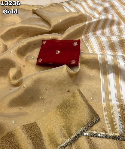 Tissue Silk Saree with Sequin Butta Work & Contrast Designer Blouse