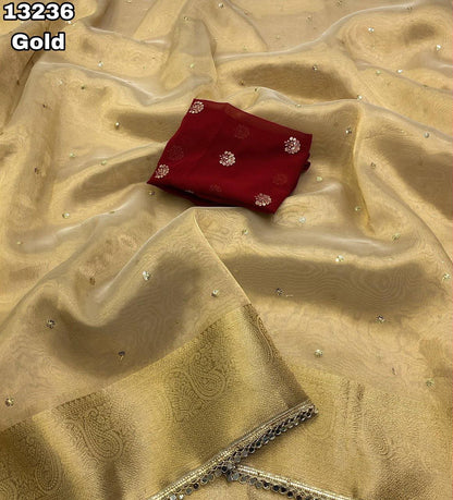 Tissue Silk Saree with Sequin Butta Work & Contrast Designer Blouse
