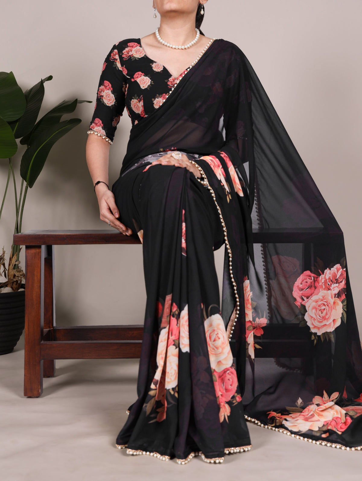 Georgette Floral Saree with Pearl Lace Borders
