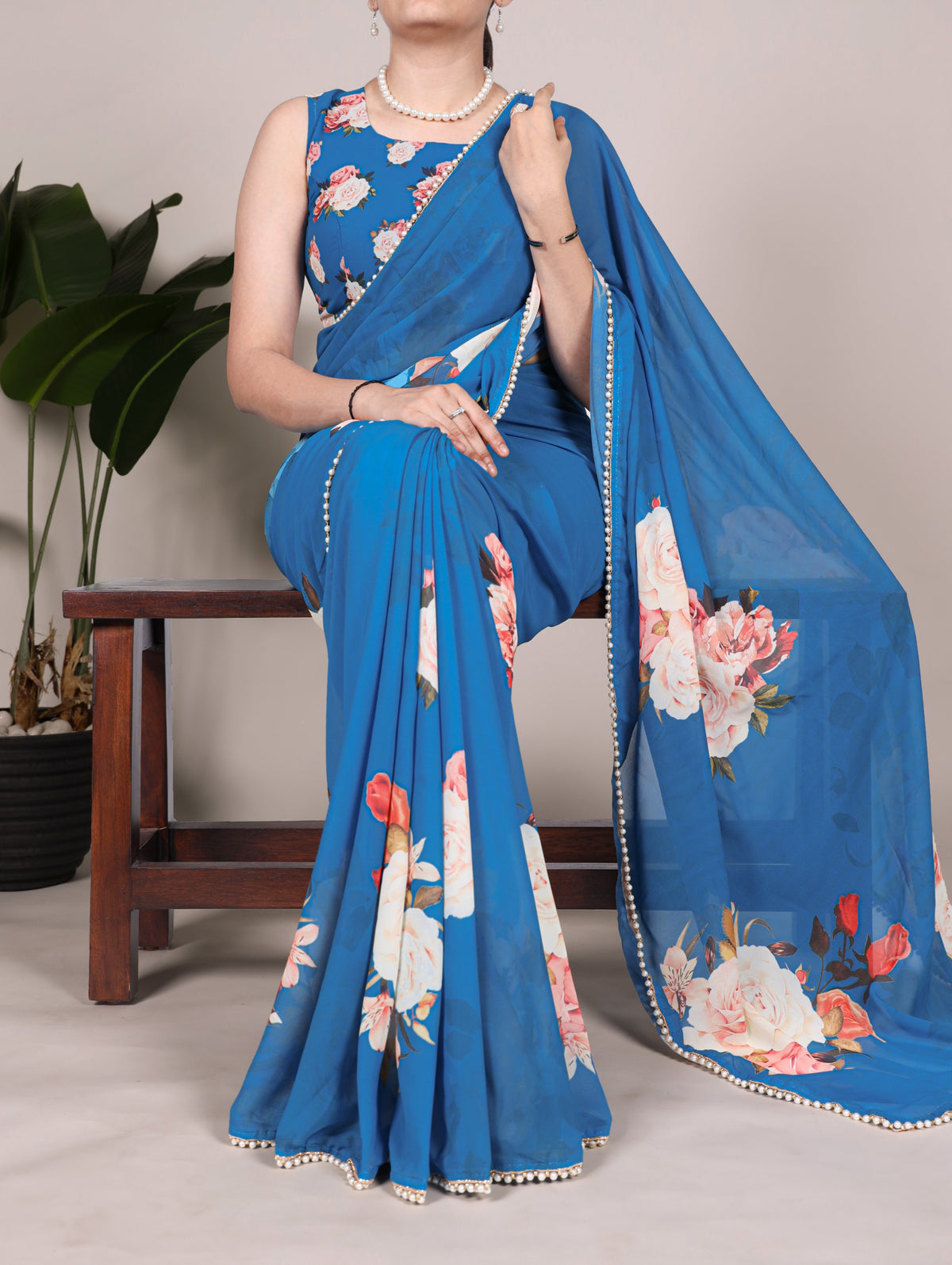 Georgette Floral Saree with Pearl Lace Borders