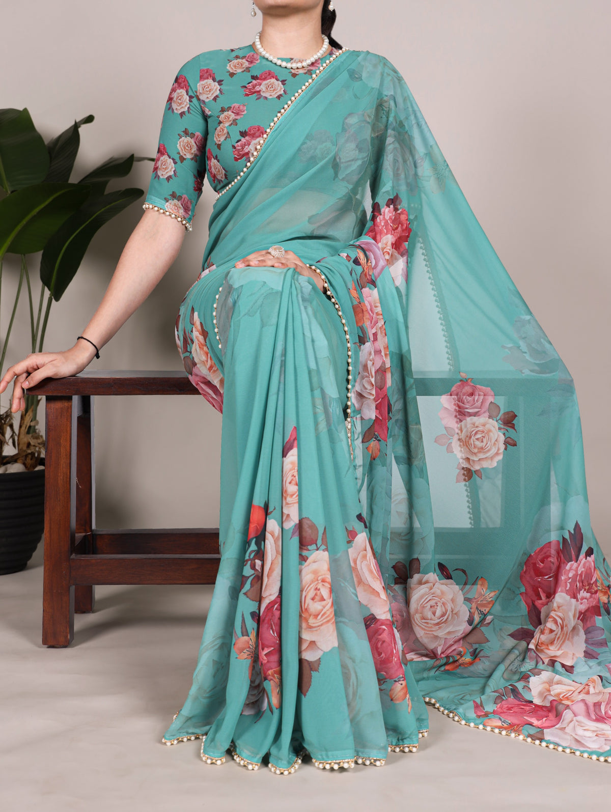Georgette Floral Saree with Pearl Lace Borders