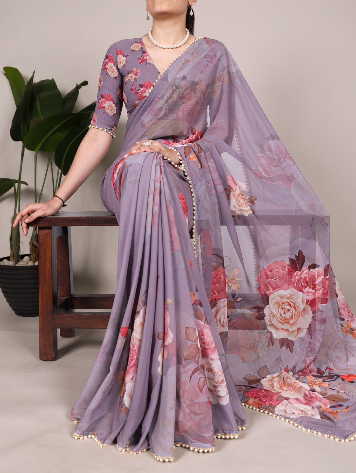 Georgette Floral Saree with Pearl Lace Borders