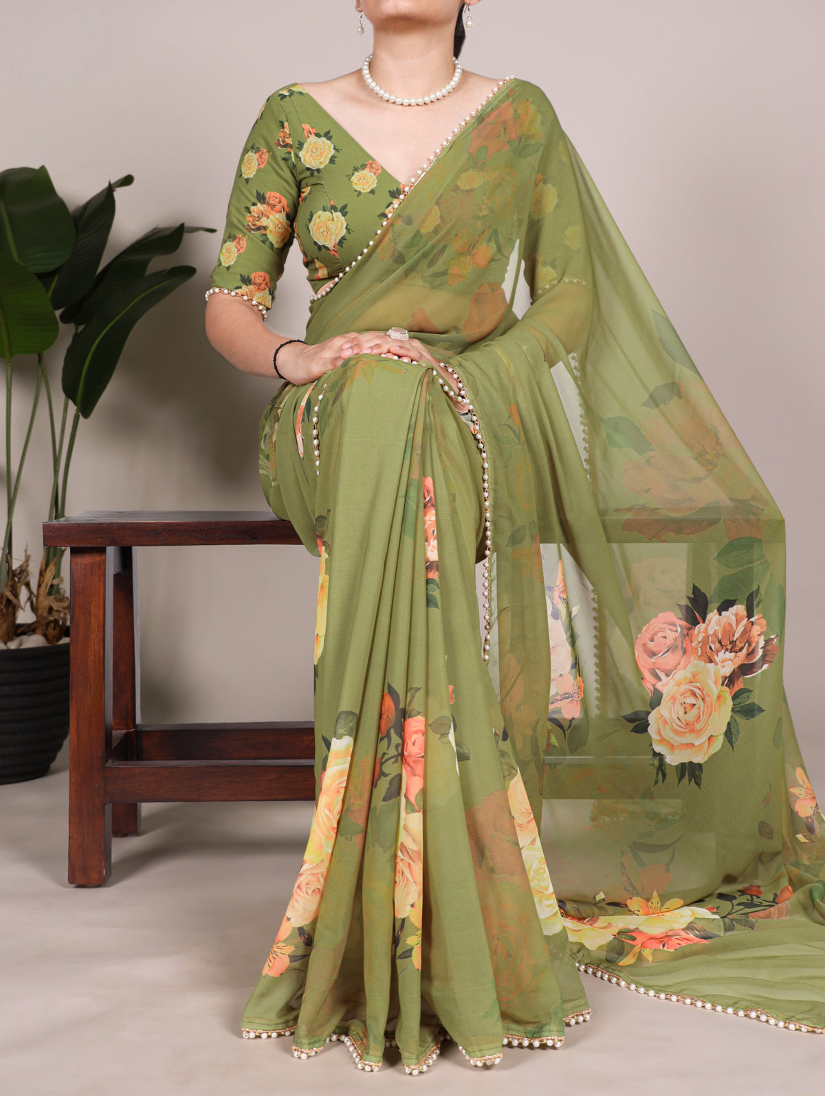 Georgette Floral Saree with Pearl Lace Borders