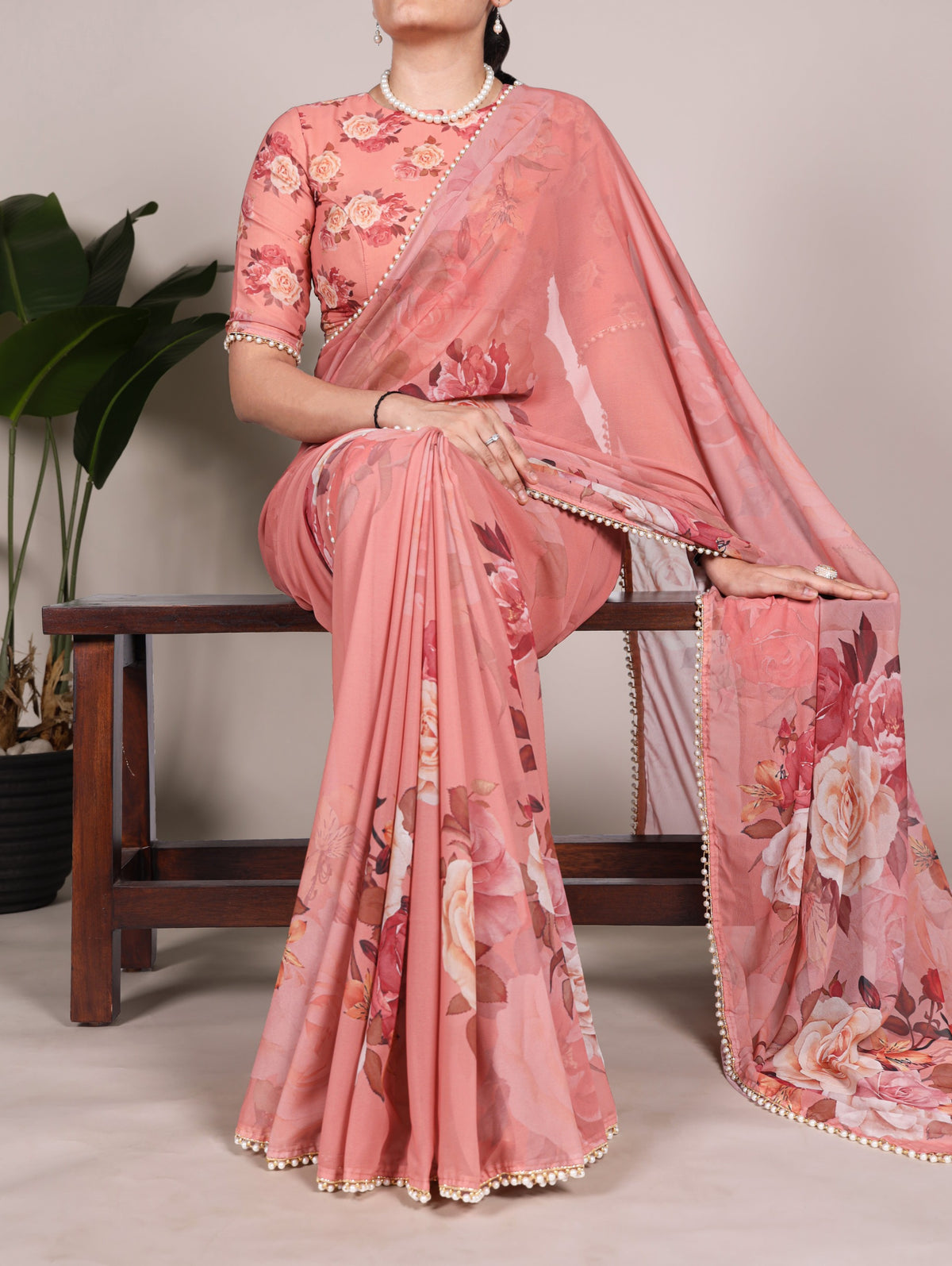Georgette Floral Saree with Pearl Lace Borders