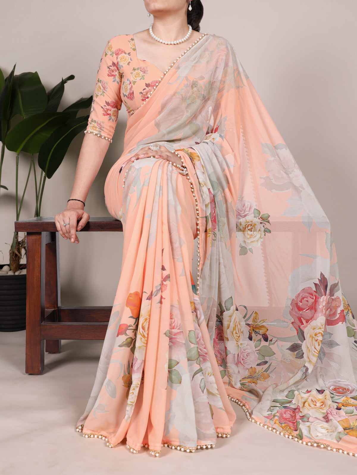 Georgette Floral Saree with Pearl Lace Borders