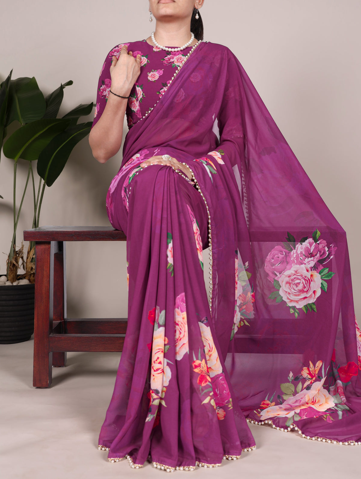 Georgette Floral Saree with Pearl Lace Borders