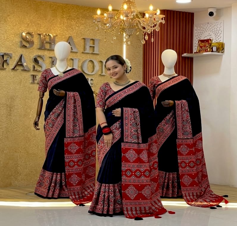 Ajrakh Modal Silk Saree with Real Mirror Work