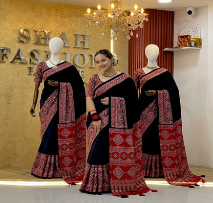 Ajrakh Modal Silk Saree with Real Mirror Work