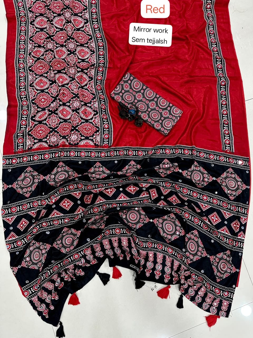 Ajrakh Modal Silk Saree with Real Mirror Work