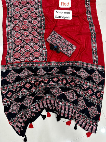Ajrakh Modal Silk Saree with Real Mirror Work