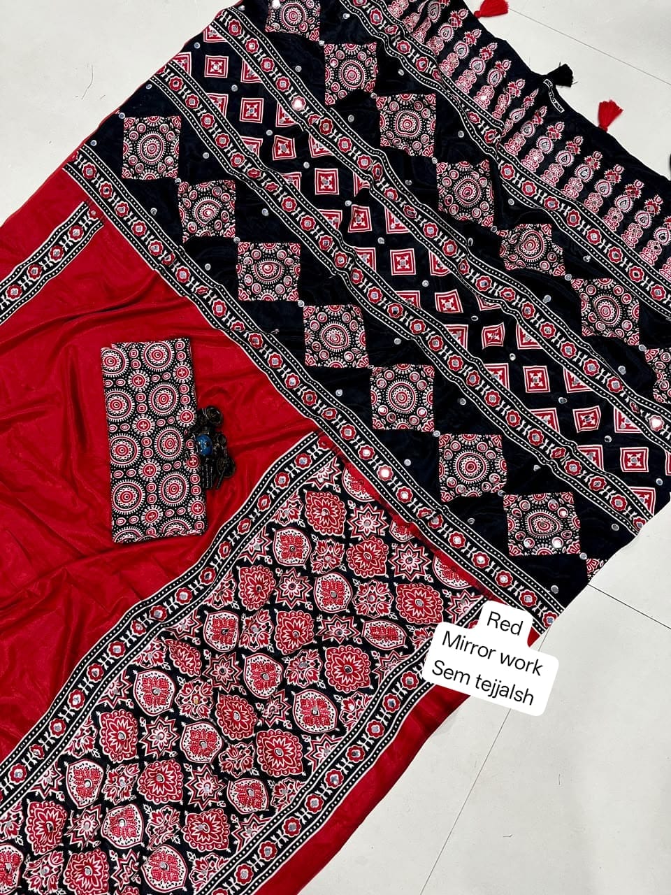 Ajrakh Modal Silk Saree with Real Mirror Work