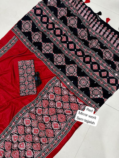 Ajrakh Modal Silk Saree with Real Mirror Work