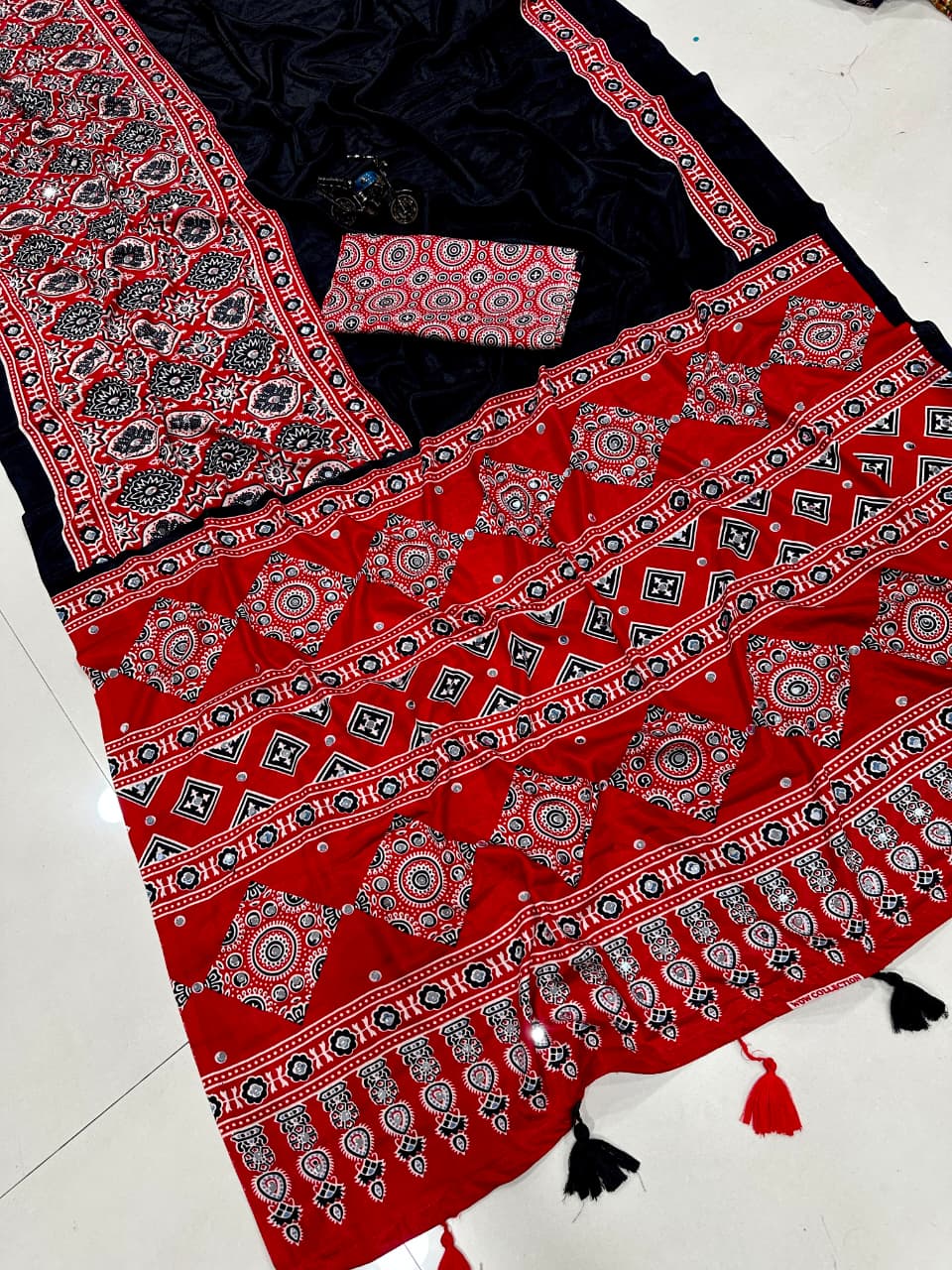 Ajrakh Modal Silk Saree with Real Mirror Work