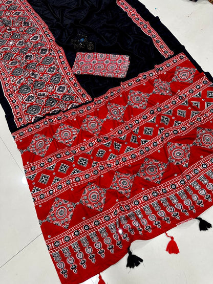 Ajrakh Modal Silk Saree with Real Mirror Work