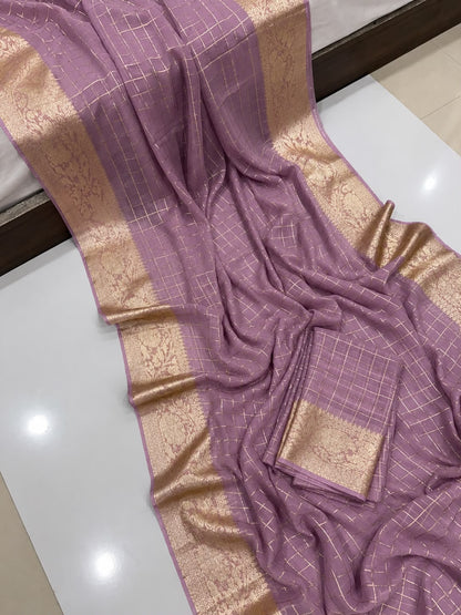 Viscose Georgette Zari Checked Saree with Viscose Zari Weaving Border