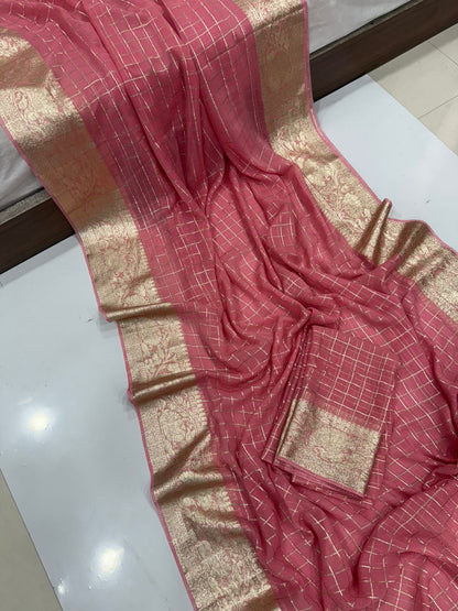 Viscose Georgette Zari Checked Saree with Viscose Zari Weaving Border