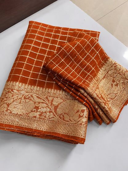 Viscose Georgette Zari Checked Saree with Viscose Zari Weaving Border