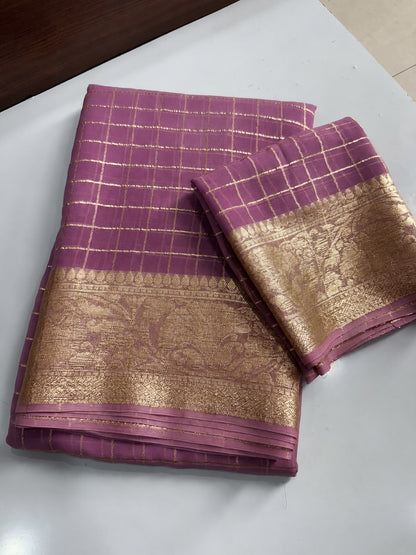 Viscose Georgette Zari Checked Saree with Viscose Zari Weaving Border