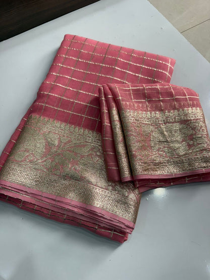 Viscose Georgette Zari Checked Saree with Viscose Zari Weaving Border