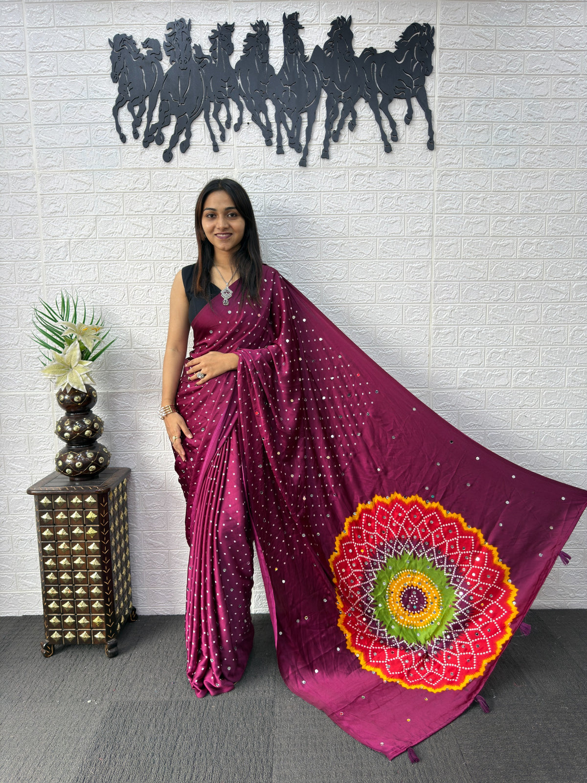 Modal Crepe Silk Mirror Work Saree