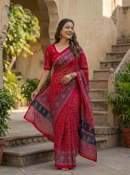 Checked Bandhani Saree with Real Mirror Work