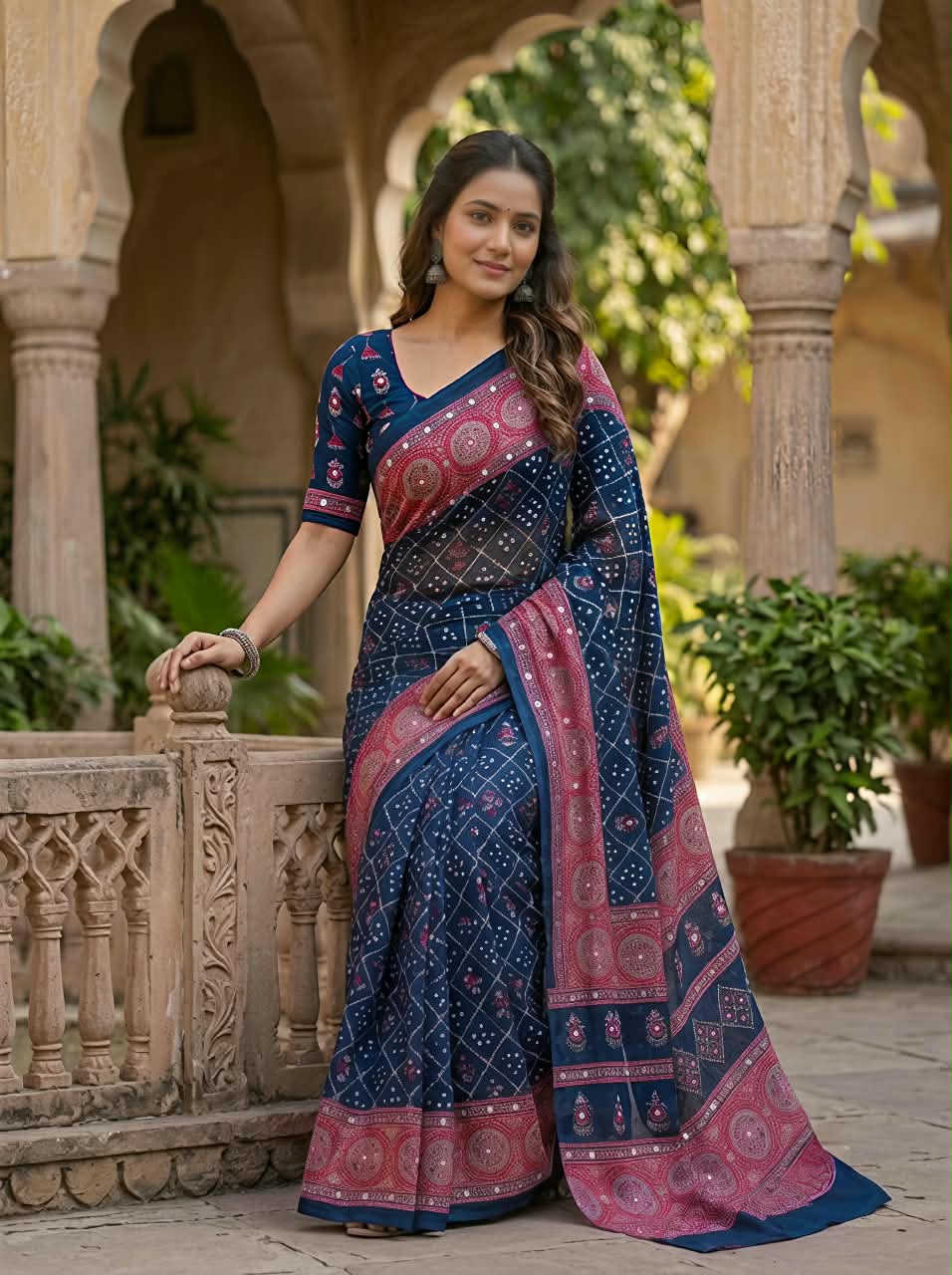 Checked Bandhani Saree with Real Mirror Work