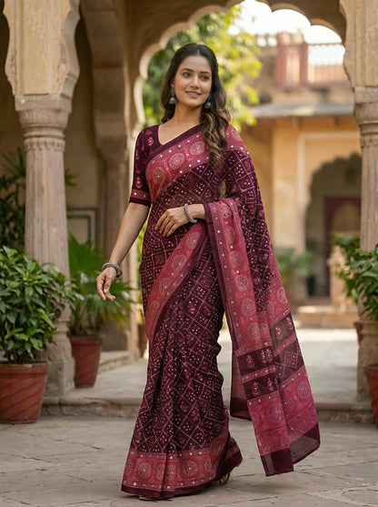 Checked Bandhani Saree with Real Mirror Work