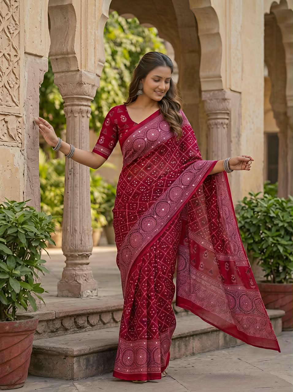 Checked Bandhani Saree with Real Mirror Work