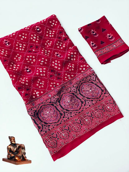 Checked Bandhani Saree with Real Mirror Work