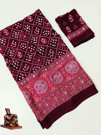 Checked Bandhani Saree with Real Mirror Work