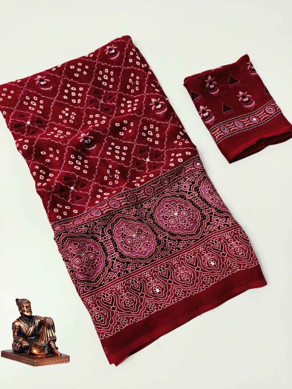 Checked Bandhani Saree with Real Mirror Work