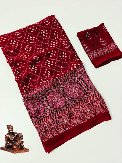 Checked Bandhani Saree with Real Mirror Work