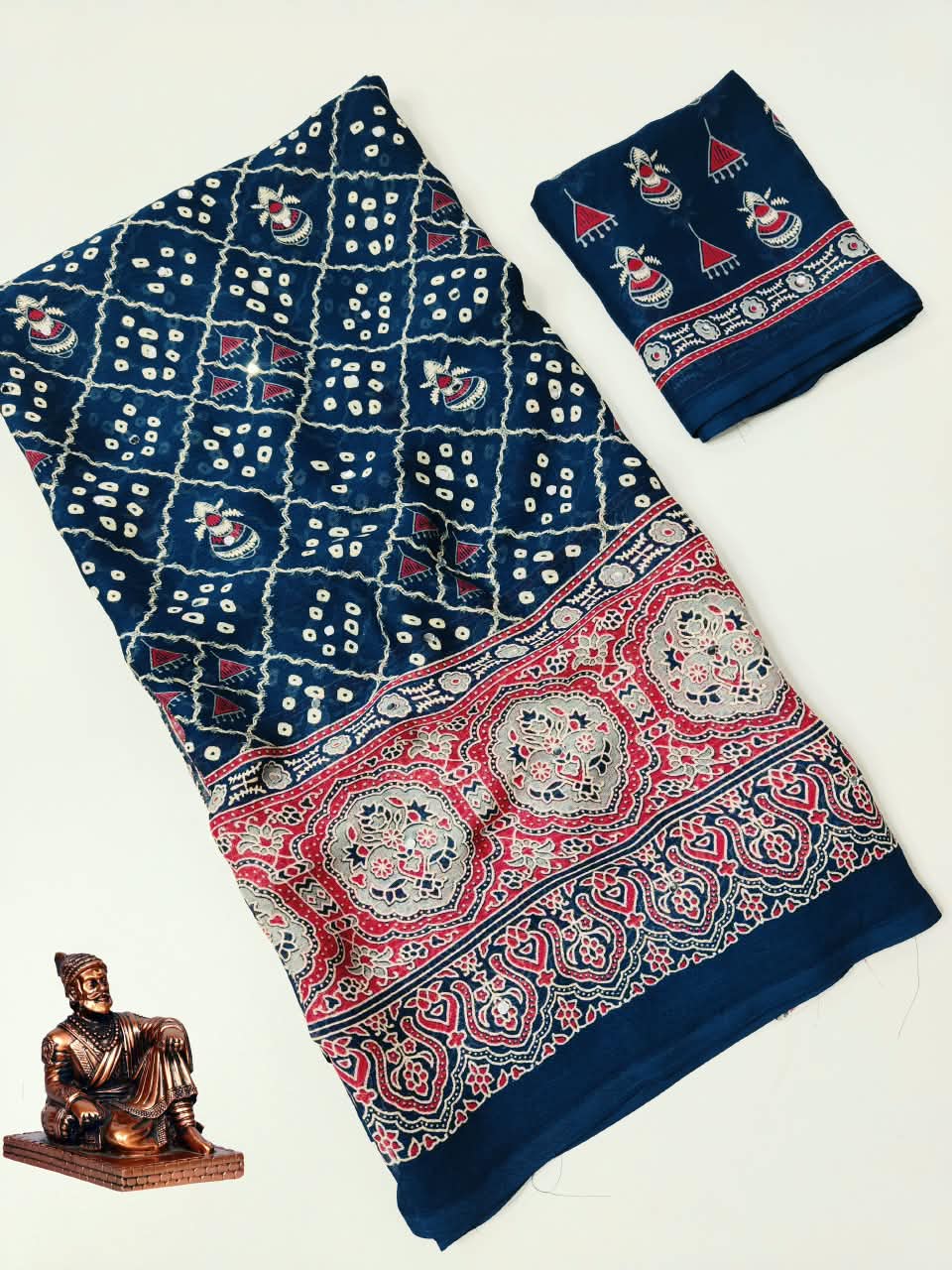 Checked Bandhani Saree with Real Mirror Work