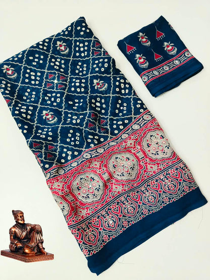 Checked Bandhani Saree with Real Mirror Work