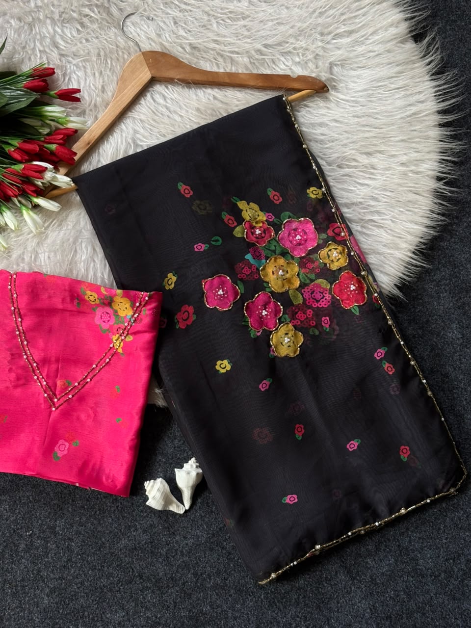 Soft Tabby Organza Silk Floral Saree with Designer Cut Beadwork & Pearl Work