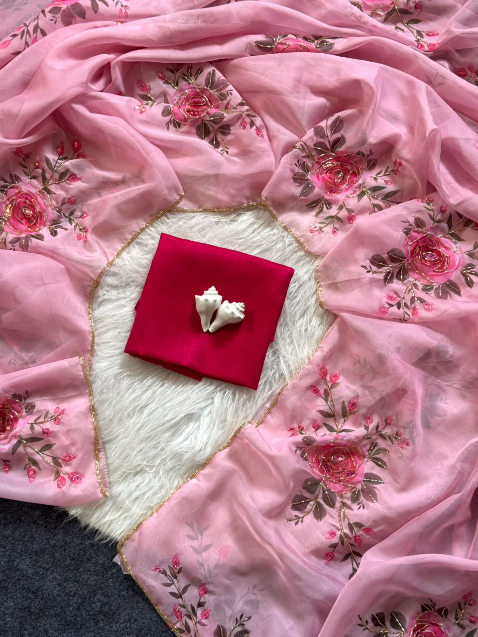 Soft Tabby Organza Silk Floral Saree with Designer Cut Beadwork & Pearl Work