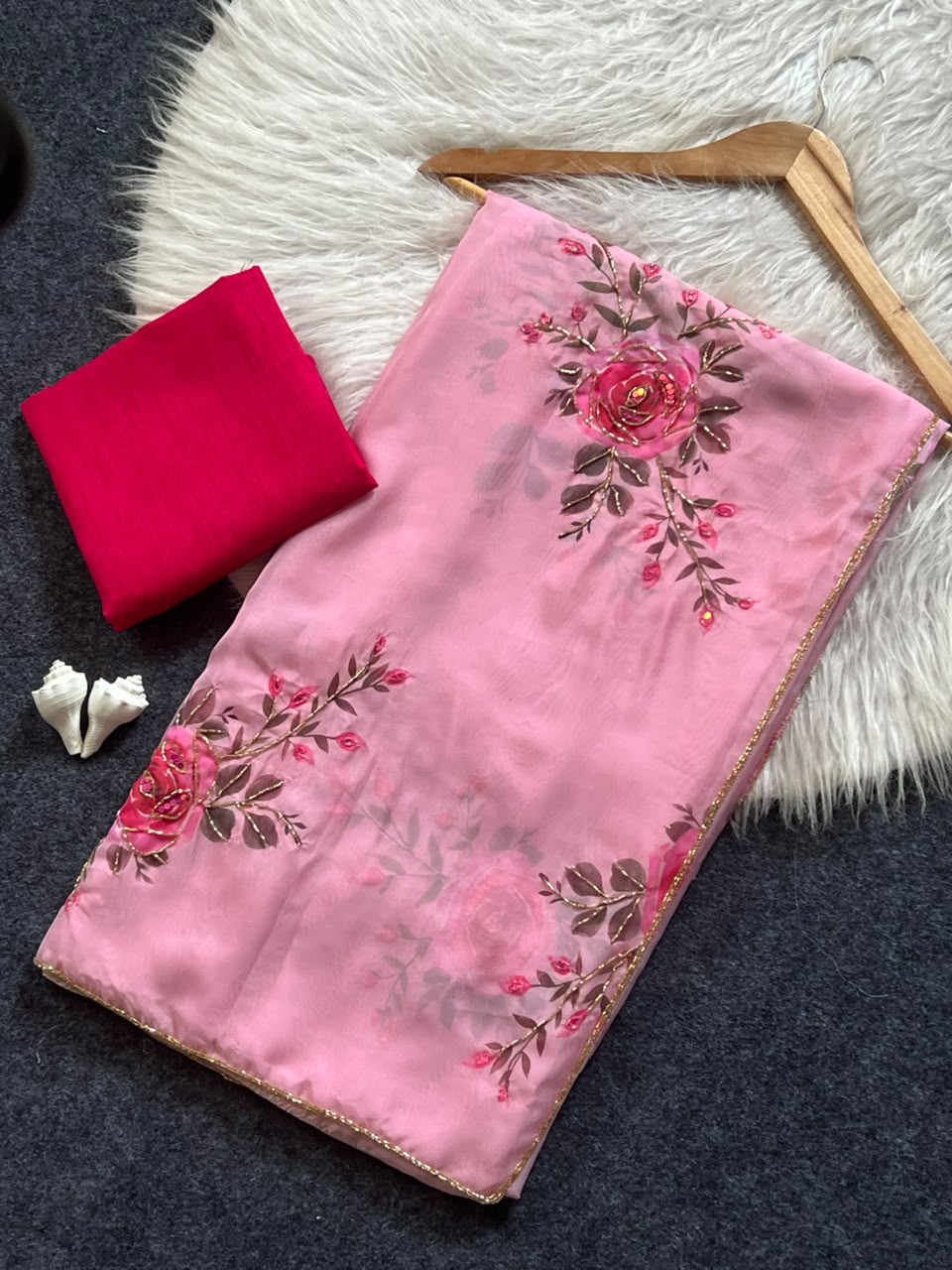 Soft Tabby Organza Silk Floral Saree with Designer Cut Beadwork & Pearl Work