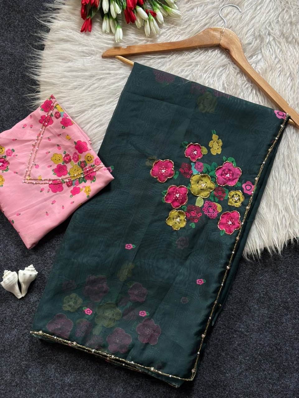 Soft Tabby Organza Silk Floral Saree with Designer Cut Beadwork & Pearl Work