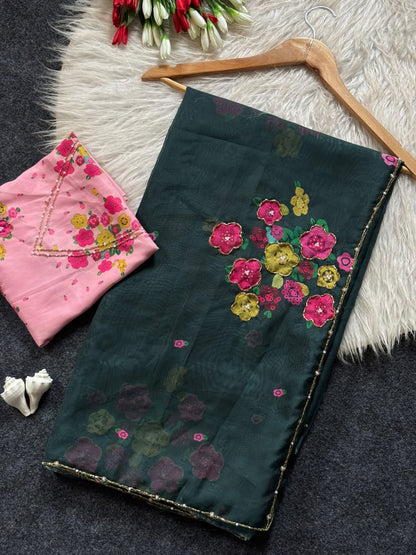 Soft Tabby Organza Silk Floral Saree with Designer Cut Beadwork & Pearl Work