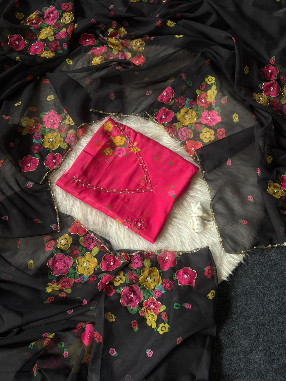 Soft Tabby Organza Silk Floral Saree with Designer Cut Beadwork & Pearl Work
